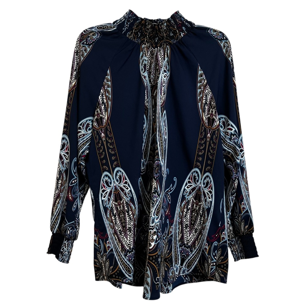 Chicos Sz 2 US L / 12 Paisley Print Smocked‎ Mock Neck Long Sleeve Blouse - Picture 2 of 9